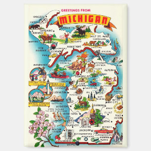 Colourful Vintage Michigan Map Postcard Magnet