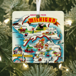 Colourful Vintage Michigan Map Postcard Metal Tree Decoration