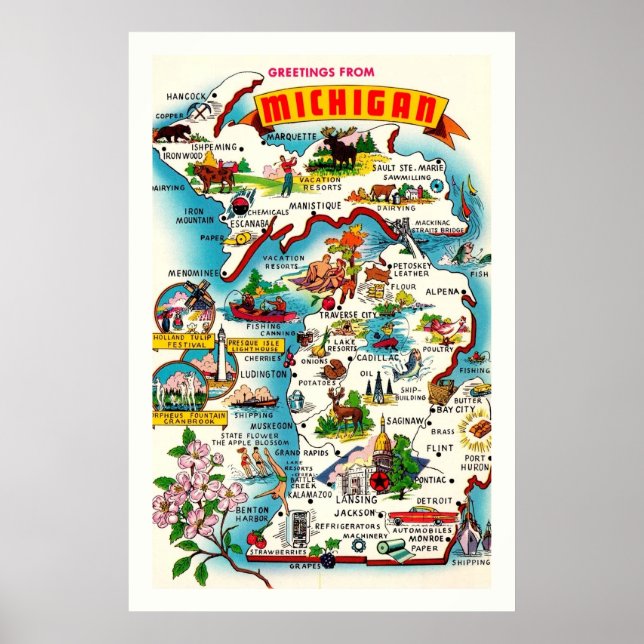 Colourful Vintage Michigan Map Poster Print (Front)