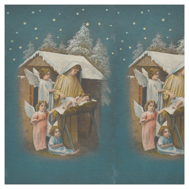 Colourful vintage nativity scene textile fabric (Swatch)