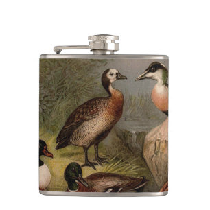 Colourful vintage painting of ducks hip flask