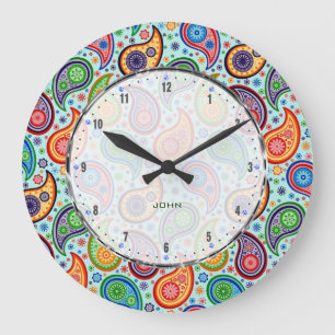 Colourful Vintage Paisley Soft Blue Background Large Clock