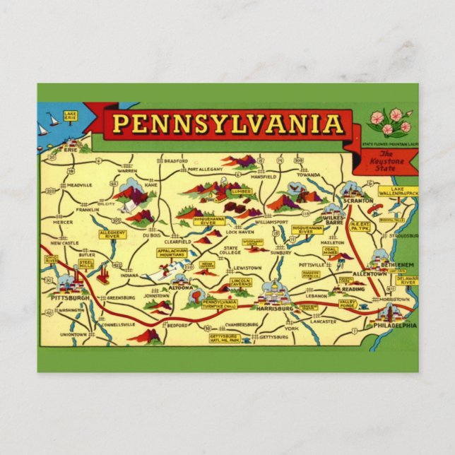 Colourful Vintage Pennsylvania Map  Postcard (Front)