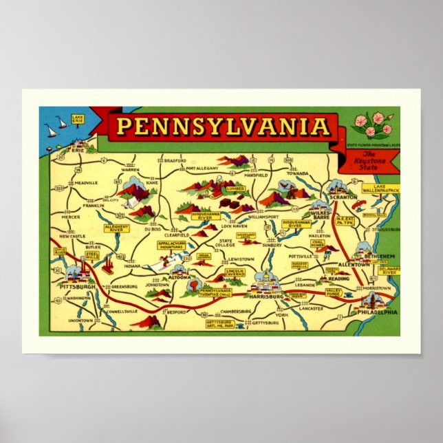 Colourful Vintage Pennsylvania Map Print (Front)