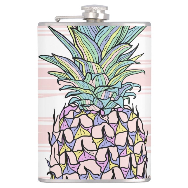 Colourful vintage pineapple illustration. hip flask (Front)