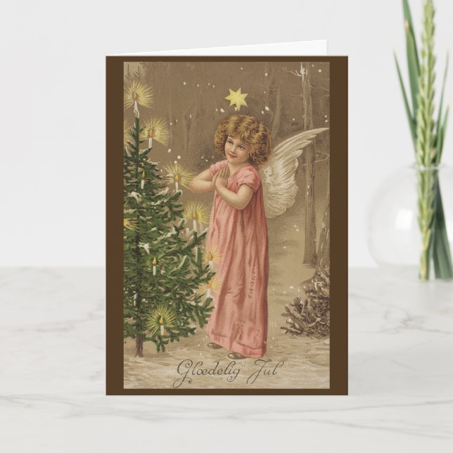 Colourful vintage pink Christmas angel card (Front)