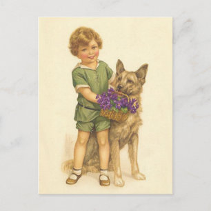 Colourful Vintage postcard of child and dog