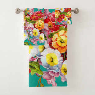 Colourful Vintage Primroses Floral Spring Patter Bath Towel Set