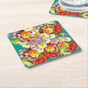   Colourful Vintage Primroses Floral Spring Patter Square Paper Coaster