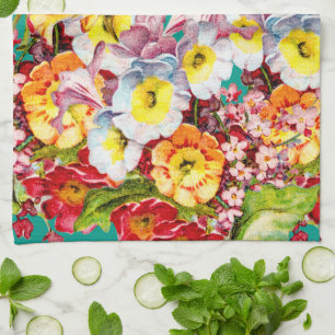   Colourful Vintage Primroses Floral Spring Patter Tea Towel