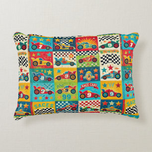 Colourful Vintage Race Car Pattern Decorative Cushion