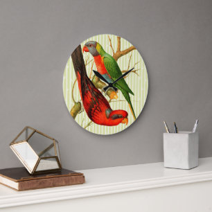 Colourful Vintage Red & Green Parrots Illustration Large Clock