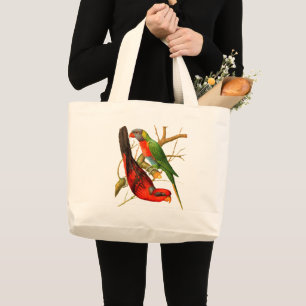 Colourful Vintage Red & Green Parrots Illustration Large Tote Bag