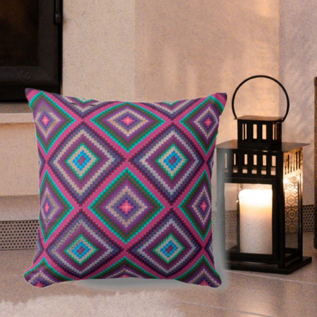 Colourful Vintage Retro Quilt Pattern Boho Chic Cushion (Add cozy retro appeal for your home with this boho vintage quilt pattern throw pillow!)