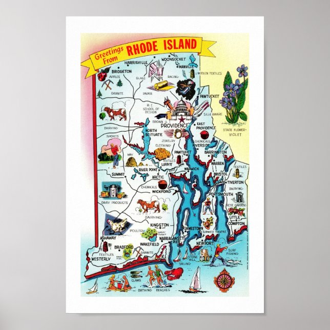 Colourful Vintage  Rhode Island Map Print (Front)