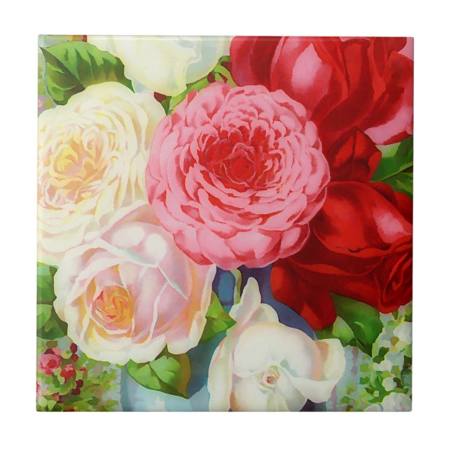 colourful vintage roses  ceramic tile (Front)