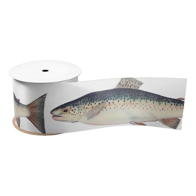 Colourful vintage salmon illustration satin ribbon (Spool)