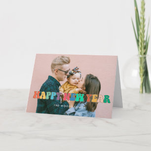 Colourful vintage script Happy New Year photo Card