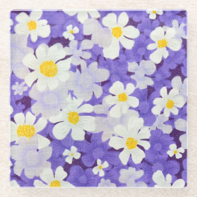 Colourful Vintage: Seamless Flower Pattern Glass Coaster (Front)