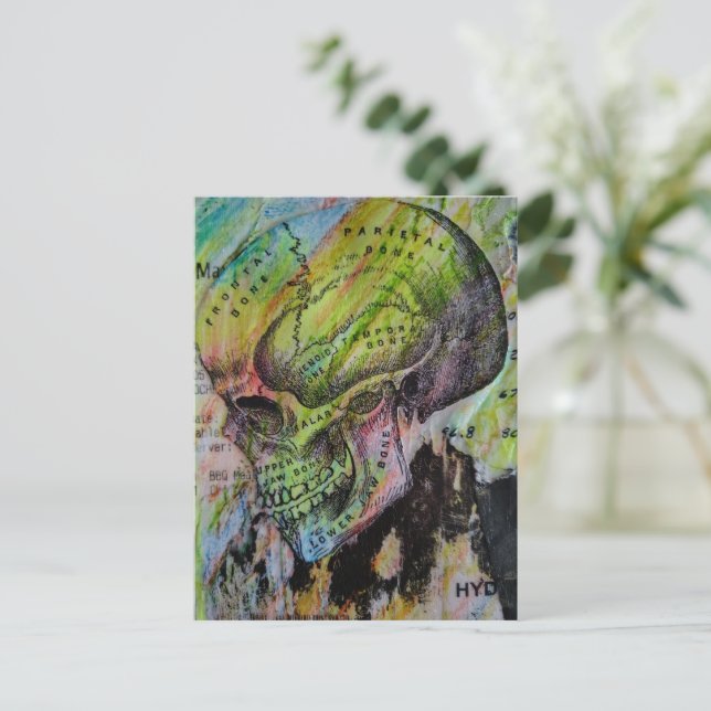 Colourful Vintage Skull Mixed Media Collage Postcard (Standing Front)