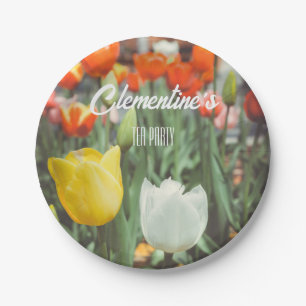 Colourful vintage style spring tulips paper plate