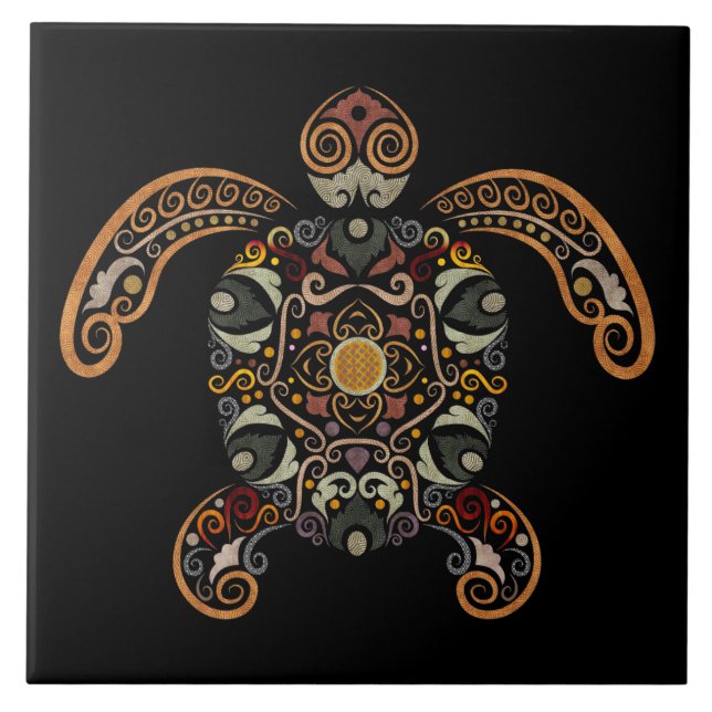 Colourful vintage turtle design ceramic tile (Front)
