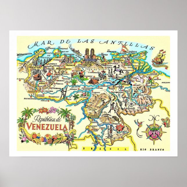 Colourful Vintage Venezuela Map Print (Front)