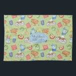 Colourful Vintage Watercolor Chef Cooking Green Tea Towel<br><div class="desc">Bright and colourful "Bon Appetite" pattern made with watercolor painted vintage kitchen items and foods and faux gold glitter elements,  customisable text for a personalised gift.</div>