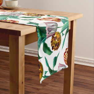 Colourful Vintage Watercolor Tulip Flowers Pattern Short Table Runner