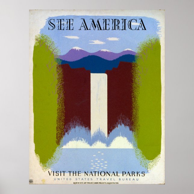 Colourful Vintage Waterfall and Mountains WPA Poster (Front)