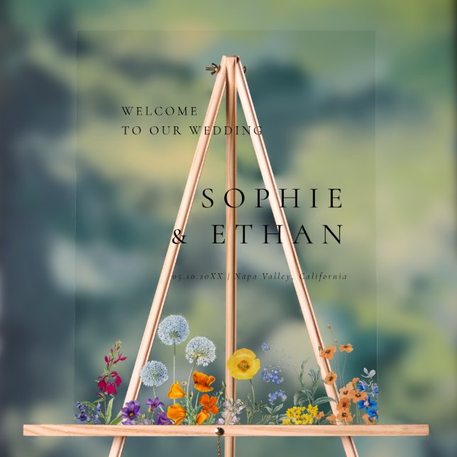Colourful Vintage Wildflower Wedding Welcome Acrylic Sign (Neutral)