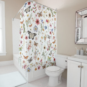 Colourful Vintage Wildflowers Butterflies Botanica Shower Curtain