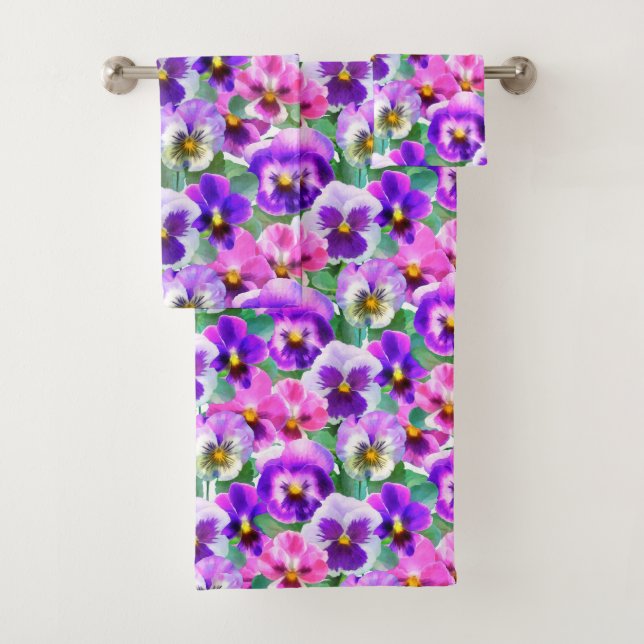 Colourful Violets Pansy Flower Pattern   Bath Towel Set (Insitu)