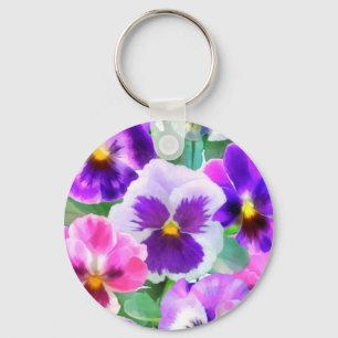Colourful Violets Pansy Flower Pattern Key Ring