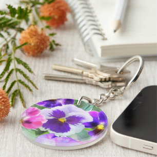 Colourful Violets Pansy Flower Pattern   Key Ring