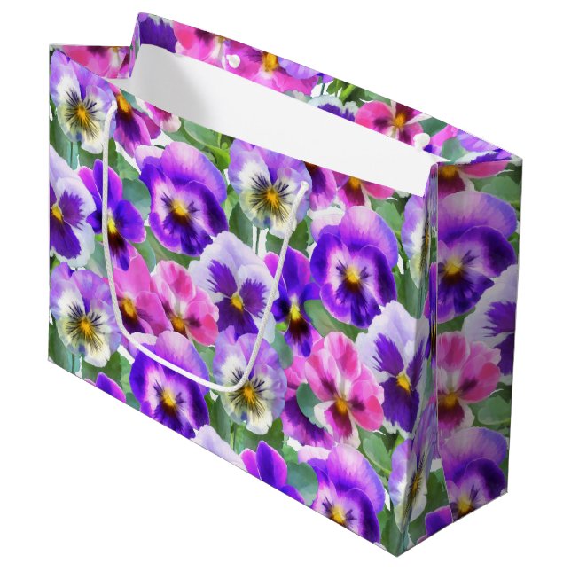 Colourful Violets Pansy Flower Pattern Large Gift Bag (Front Angled)