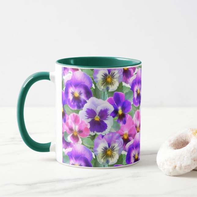 Colourful Violets Pansy Flower Pattern   Mug (With Donut)
