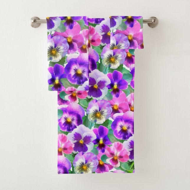 Colourful Violets Pansy Flowers Pattern Bath Towel Set (Insitu)