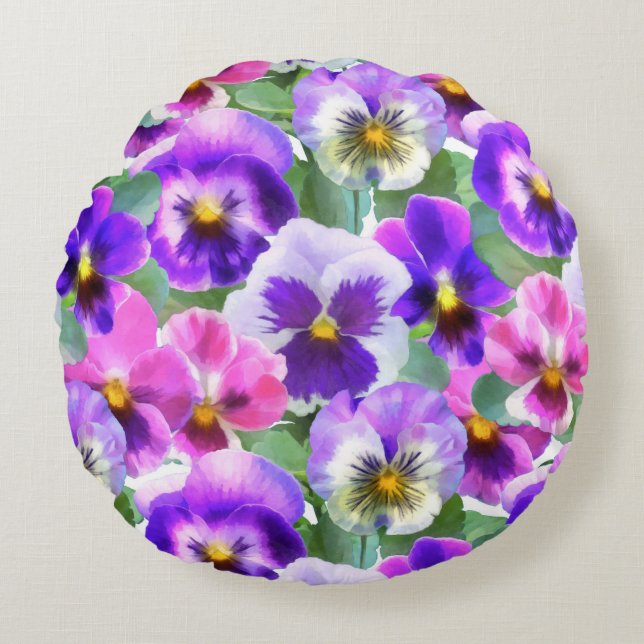 Colourful Violets Pansy Flowers Pattern Round Cushion (Front)