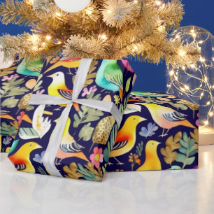 Colourful vivid flowers and birds  Wrapping Paper