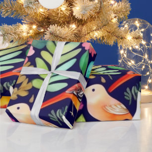 Colourful vivid flowers and birds  Wrapping Paper