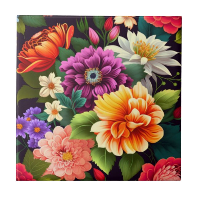 Colourful vivid flowers ceramic tile (Front)