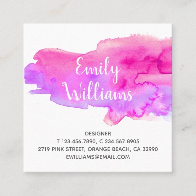 Colourful Vivid Purple Pink Watercolor Colour Square Business Card (Front)