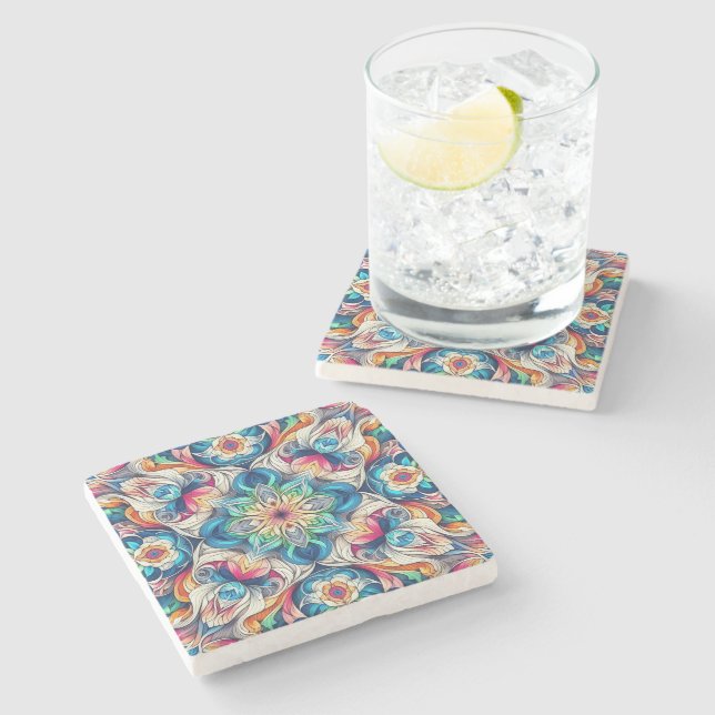 Colourful Vortex Tile Pattern Stone Coaster (Side)