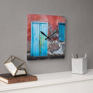 Colourful wall, door and shutters square wall clock
