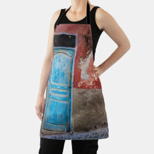 Colourful wall with blue door apron