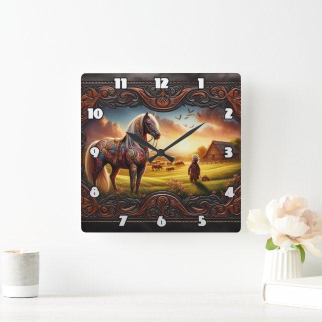 Colourful War Horse in Vibrant Sunset Landscape Square Wall Clock (Home)