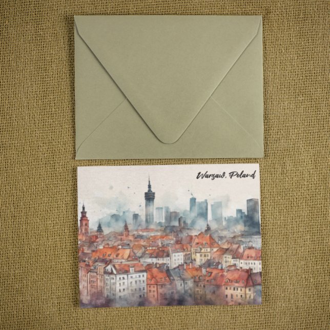 Colourful Warsaw Poland Watercolor Skyline Postcard (warsaw poland panorama view postcard)