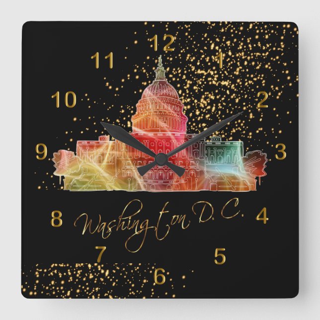 Colourful Washington DC Skyline Square Wall Clock (Front)
