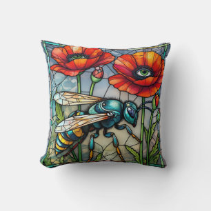 Colourful Wasp Stained Glass Poppy Mosaic Steampun Cushion